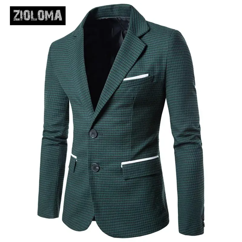 Модный Полосатый блейзер для мужчин s Slim Fit костюм ZIOLOMA деловые повседневные мужские стильные блейзеры в горошек Мужской винтажный классический костюм формальная вечеринка - Цвет: Зеленый