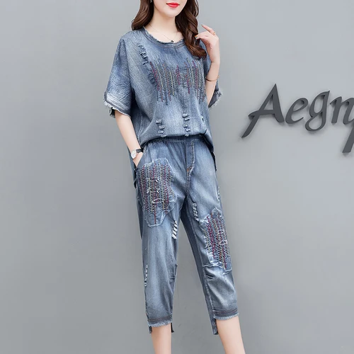 Комплект из двух предметов Женский модный Свободный джинсовый костюм с вышивкой