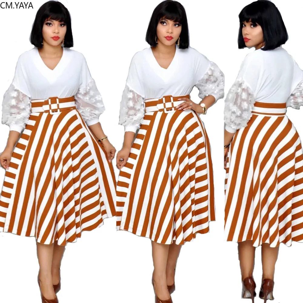 2019 women summer new long sleeve o-neck Midi dress Striped Pleated fashion sashes vintage Africa vestidos dresses GLAM356 | Женская