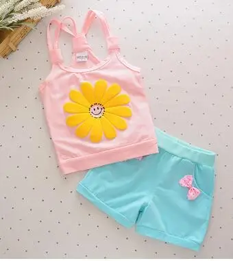 

New Children Baby Girls Cotton Vest Suit Child Sunflower 2pcs Sets HOT! Free Shipping Summer Two Piece Suit Trouser Suit