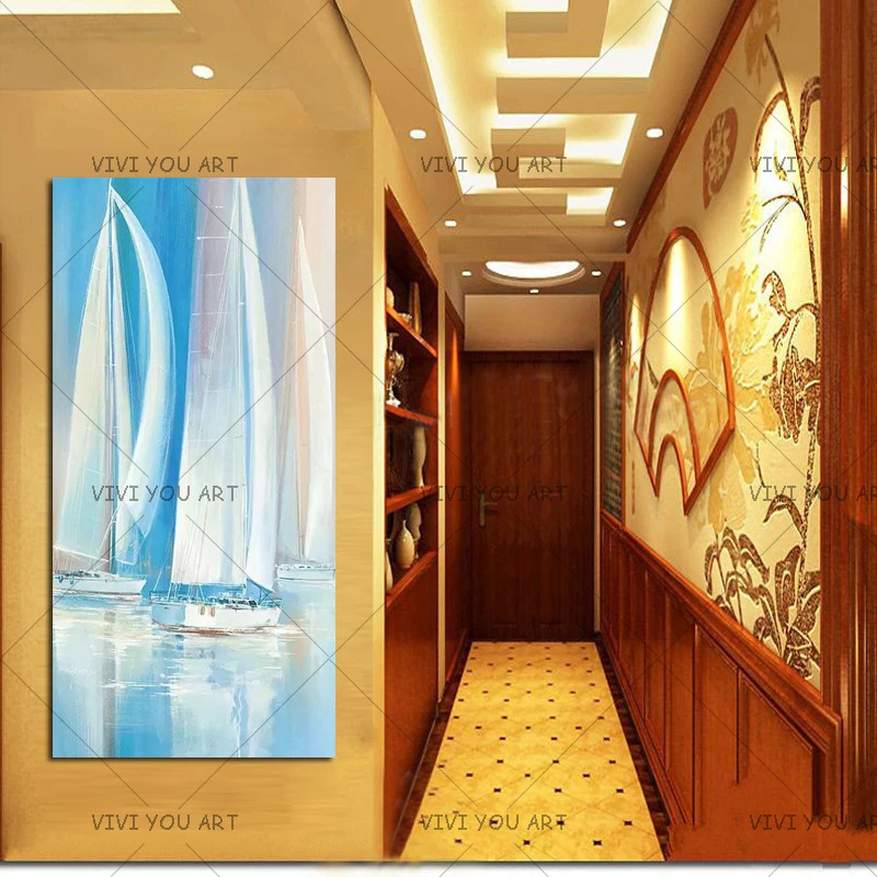 Новое поступление красивая картина ручная роспись высокого качества Whit и Blue Sailboat