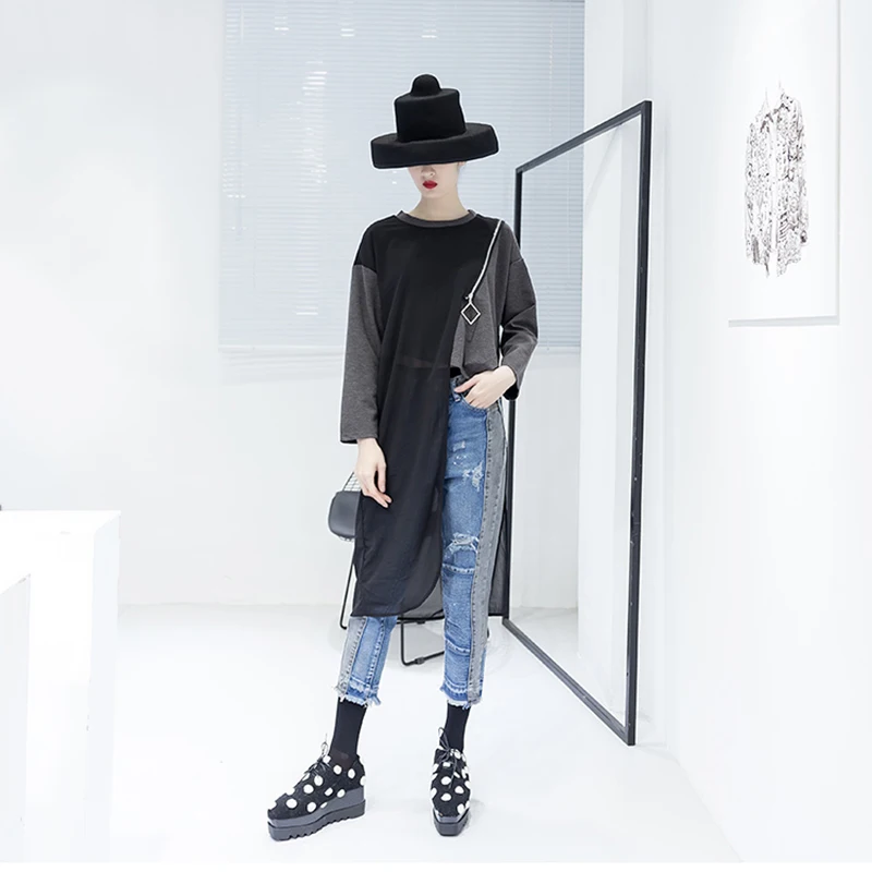 CHICEVER хит цвет сетки Лоскутная одежда для женщин с длинным рукавом О образным