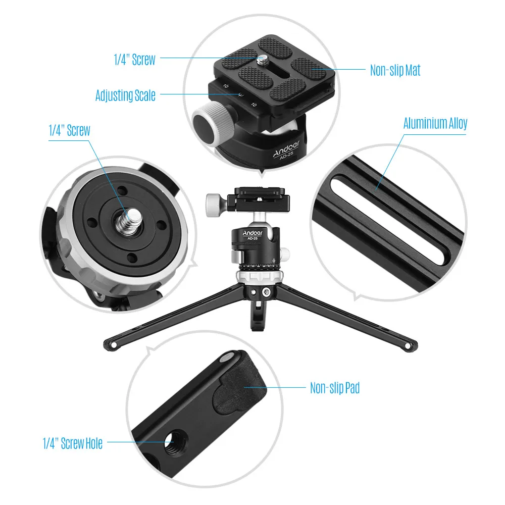 Мини штатив Andoer для телефона GoPro Hero 7/6/5/4/3 + Максимальная нагрузка 10кг/22Lbs iPhone X 8 7 Plus