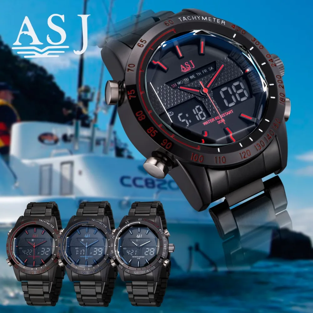 

ASJ Men Dual Movt Quartz Watch Analog Digital LED Wristwatch Calendar Stainless Steel Strap Watches