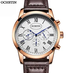 OCHSTIN новые спортивные часы мужские модные повседневные Брендовые Часы с хронографом Роскошные водонепроницаемые светящиеся часы с кожаным ремешком наручные кварцевые часы
