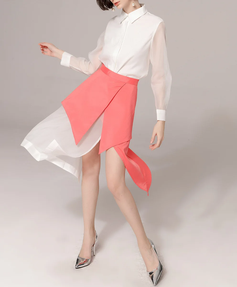 New Design Fashion Shirt Skirt Two Pieces Suit Sets Women Slim Organza +High Waist Contrast Color Irregular Hem C409 | Женская одежда