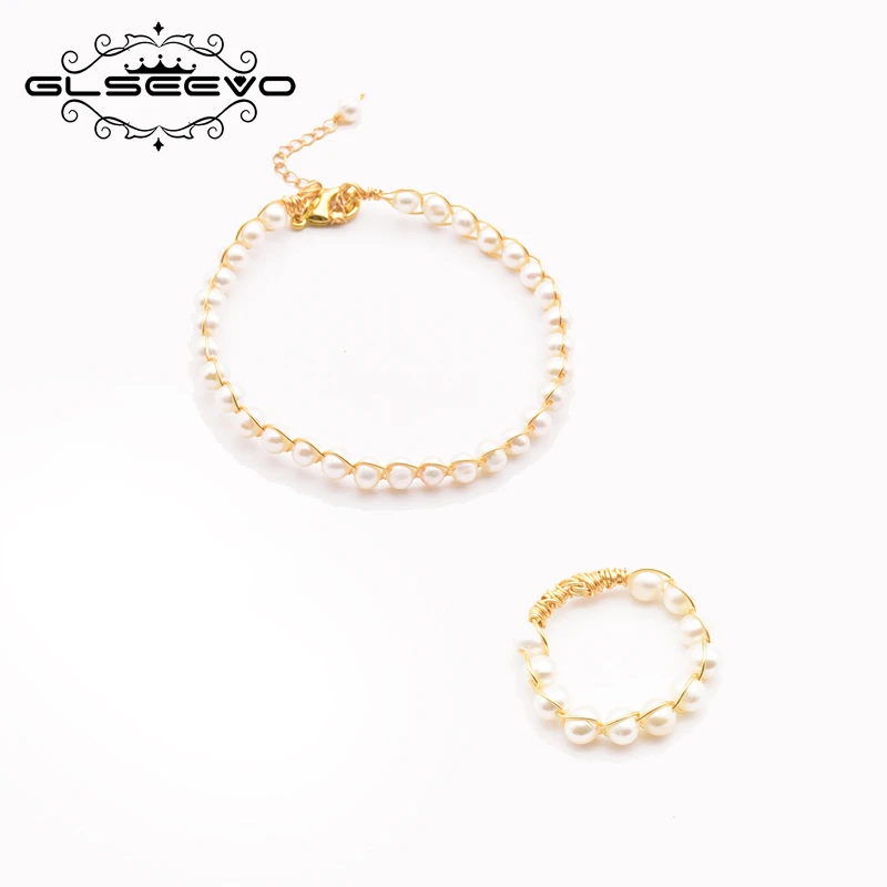 

GLSEEVO Natural Baroque Pearl Bracelet Ring Sets For Women Girl Wedding Engagement Fine Jewellery Pulseras Mujer Nillos GS0016