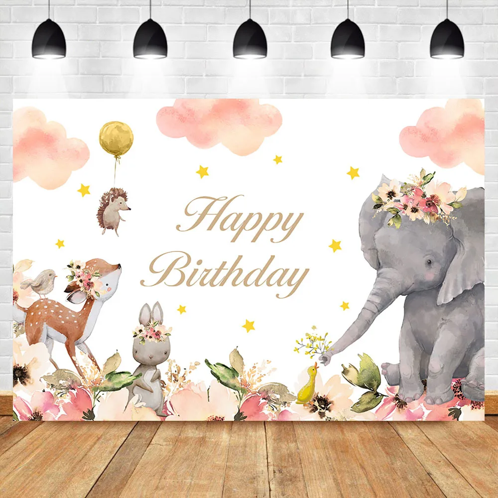 

Animal Theme Happy Birthday Backdrop Cute Elephant Hedgehog Birthday Photo Background Dessert Table Photographic Props