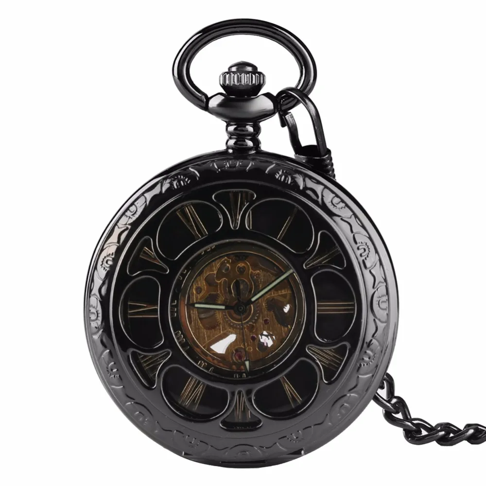 

Luxury Mechanical Pocket Watches Rome Number Sun Flowers Skeleton Engraved Hand Wind Clock Gift for Pocket Watch With Necklace