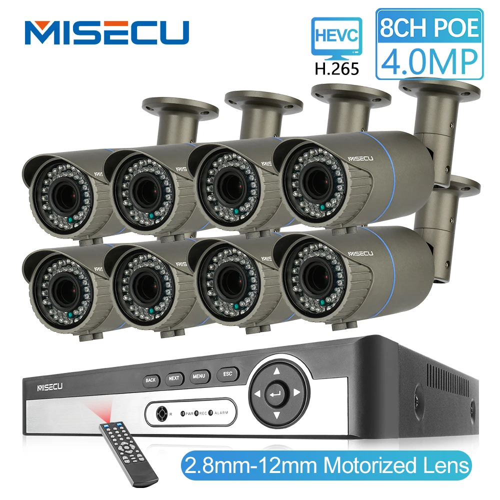 MISECU 8CH 4MP камера безопасности системы H.265 POE IP камера 2,8-12 мм Maunally объектив зум Открытый водонепроницаемый комплект видеонаблюдения