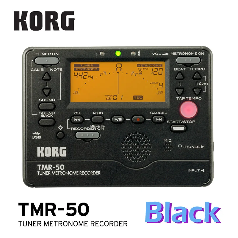 KORG TMR50 тюнер+ Метроном+ рекордер, TM50 комбинированный тюнер/Метроном используется для духовых, гитарных, укулеле и фортепианных клавишных инструментов - Цвет: TMR50-Black