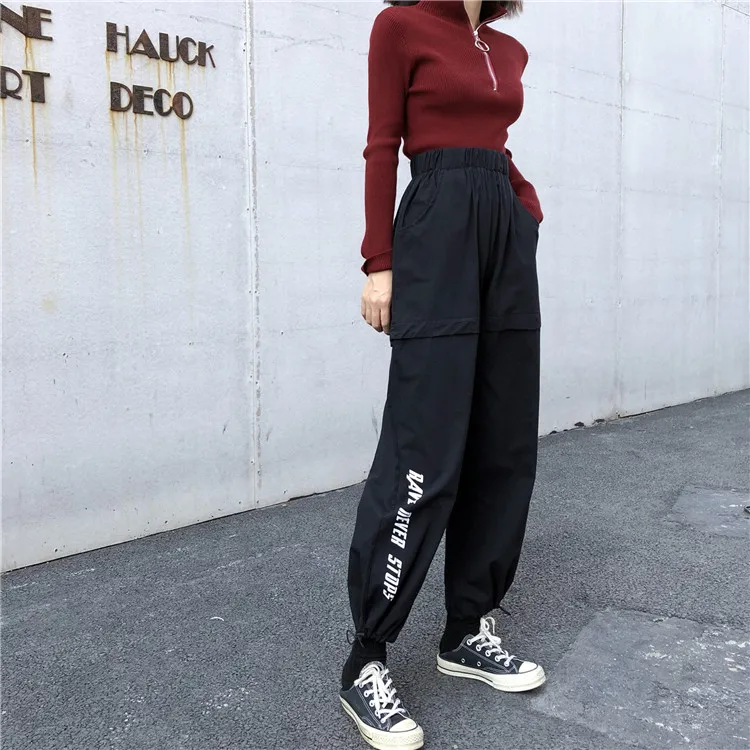 Весна Для женщин буквы эластичные брюки с высокой посадкой на талии карманами по