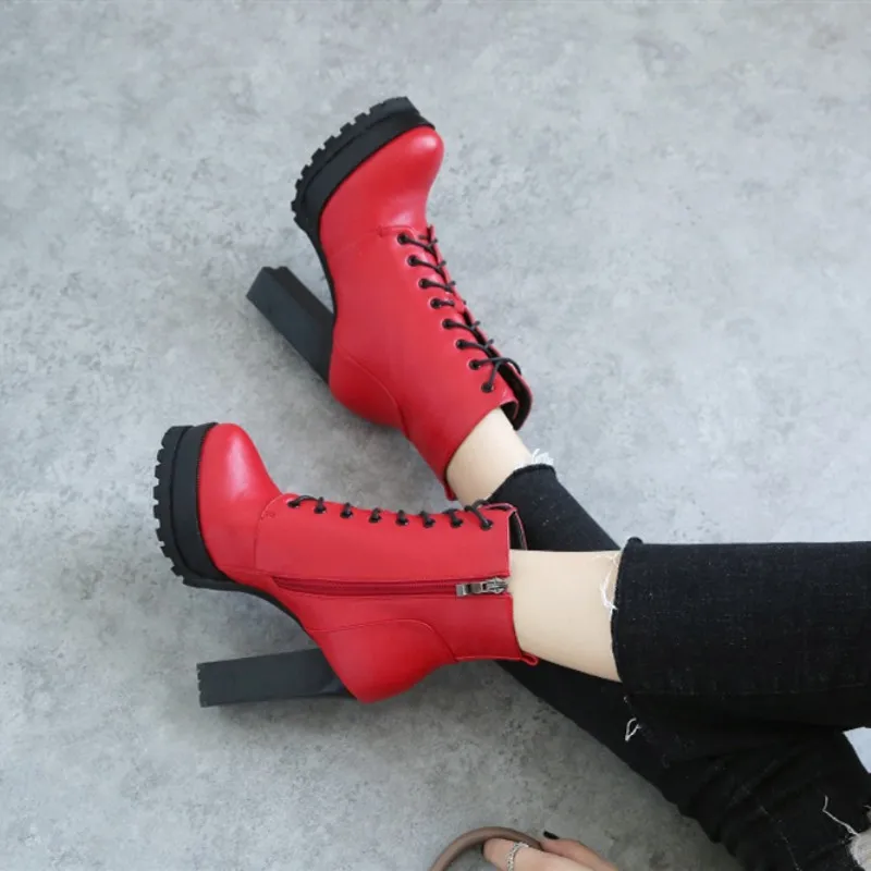 Женские кожаные ботильоны на платформе черные или красные высоком каблуке со