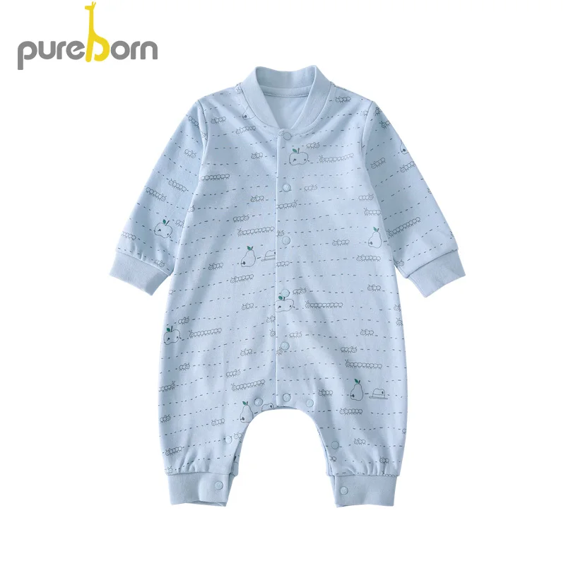 Pureborn/комбинезон с длинными рукавами для новорожденных; Комбинезон для маленьких мальчиков и девочек; Верхняя одежда для малышей; одежда на весну и осень - Цвет: Blue