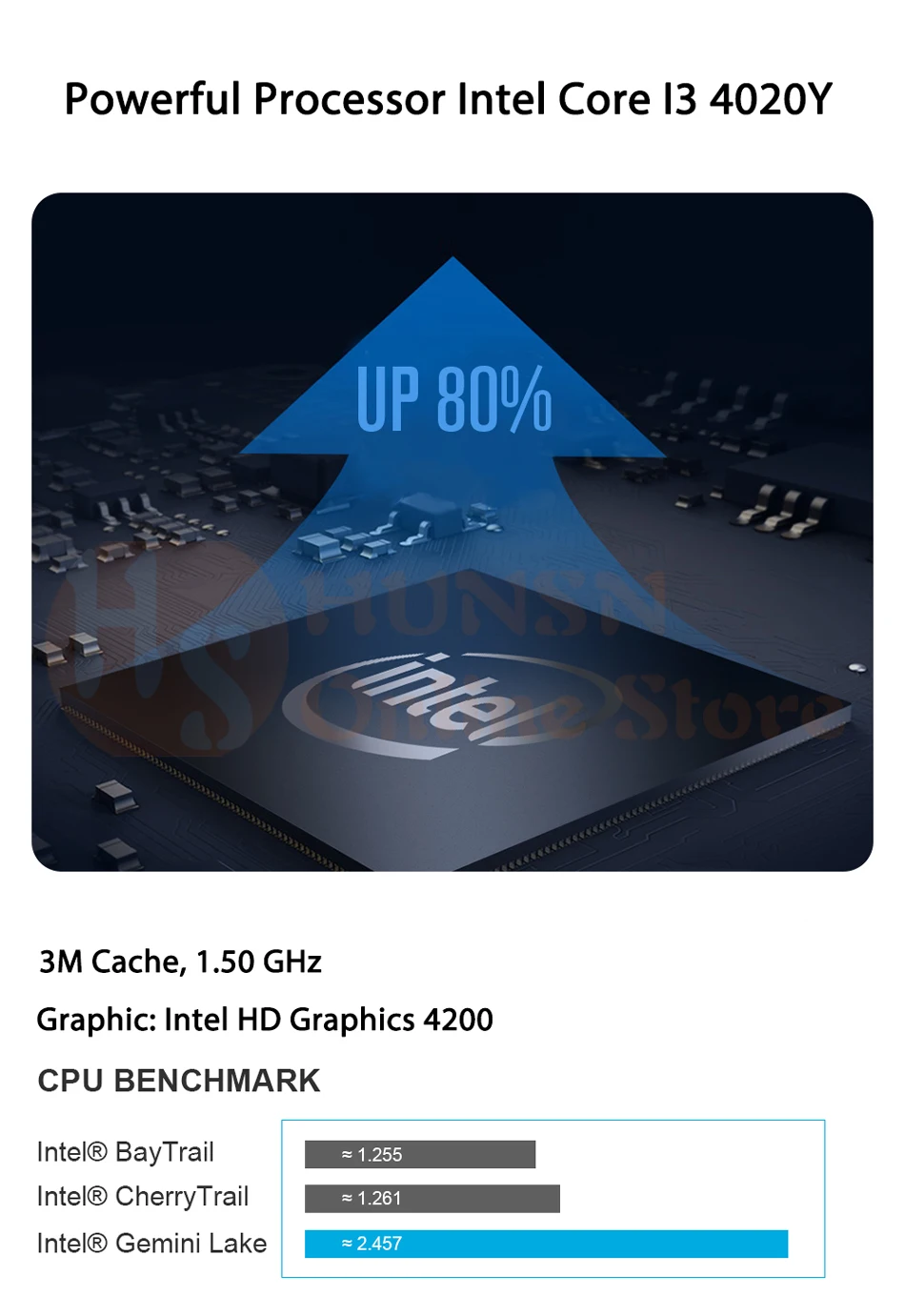 Безвентиляторный мини-ПК, настольный компьютер, Intel Core I3 4020Y, Windows 10/Ubuntu, черный, [HUNSN BM03],(VGA/HDMI/LAN/4USB3. 0/2USB2. 0/WiFi