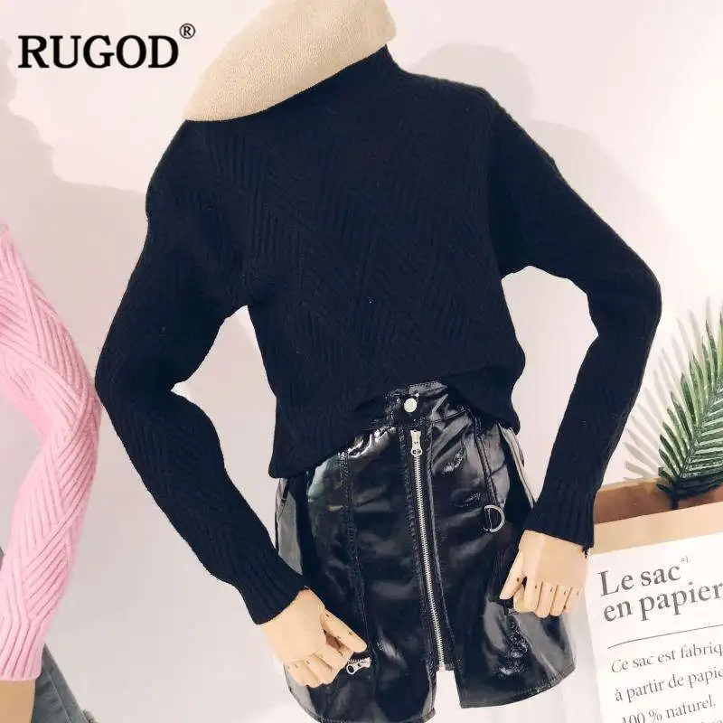 Черный RUGOD, новинка, водолазка, свитер для женщин, длинный рукав, однотонный, вязаный, пуловеры для женщин, Осень-зима, свитер для женщин, pull femme hiver - Цвет: Черный