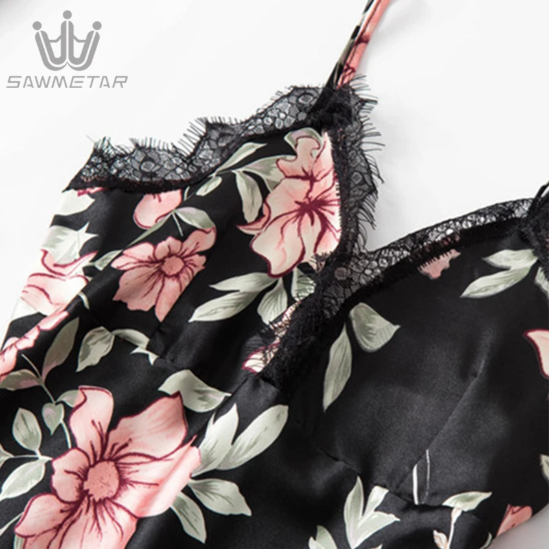 Women 5 Pieces Sexy Satin Sleepwear Silk Pajamas Sets Lace Woman Robe Floral Sleeveless Spaghetti Strap Pyjama With Chest Pads