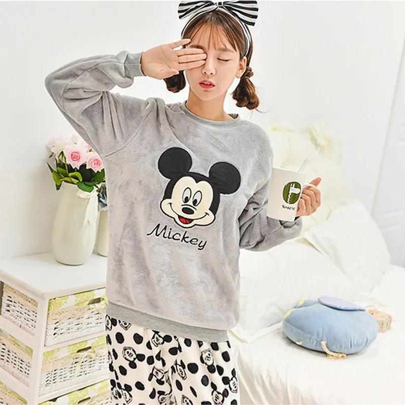Осенне зимняя серая Пижама с рисунком Микки Милая теплая для девочек Женская