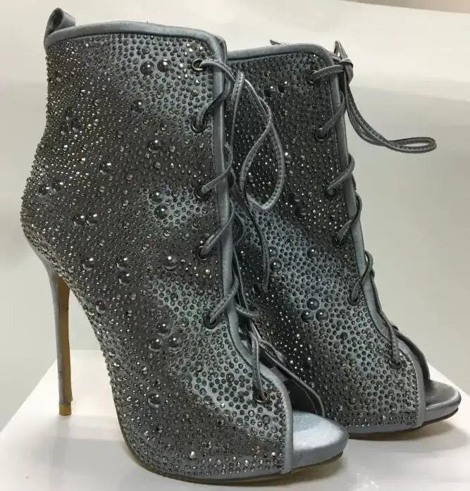 hot sale woman lace up high heel boots rhinestones peep toe ankle |
