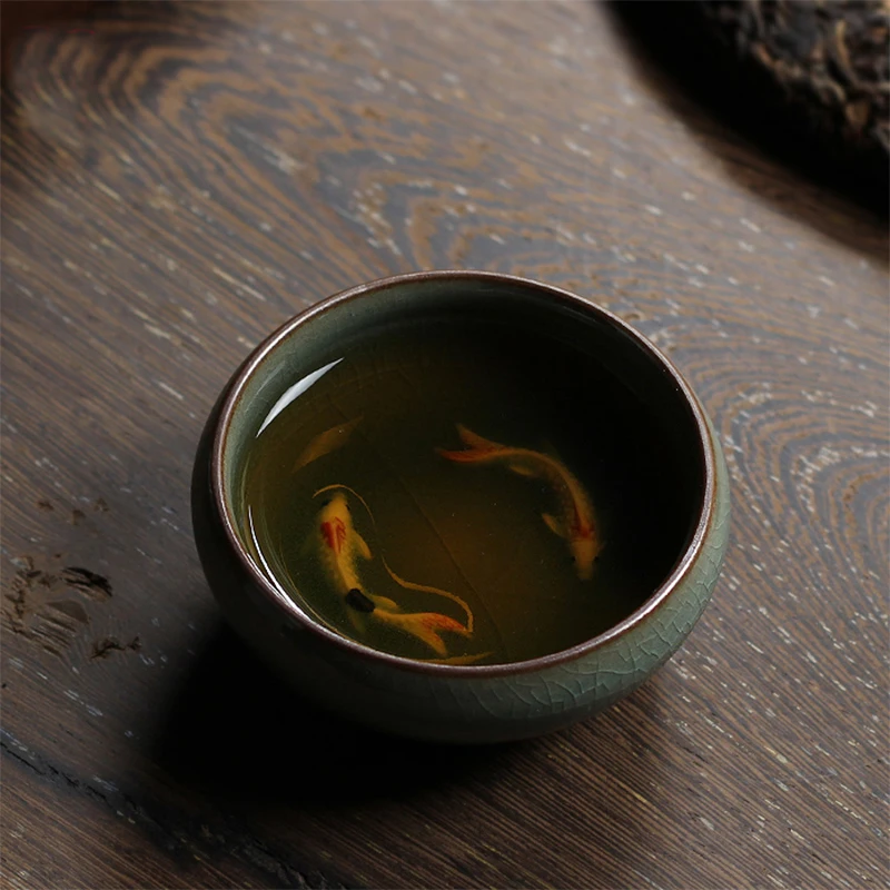 Celadon Карп чайная чашка Longquan Chinse рыбы кунг-фу чашки/Binglie глазури чашки с