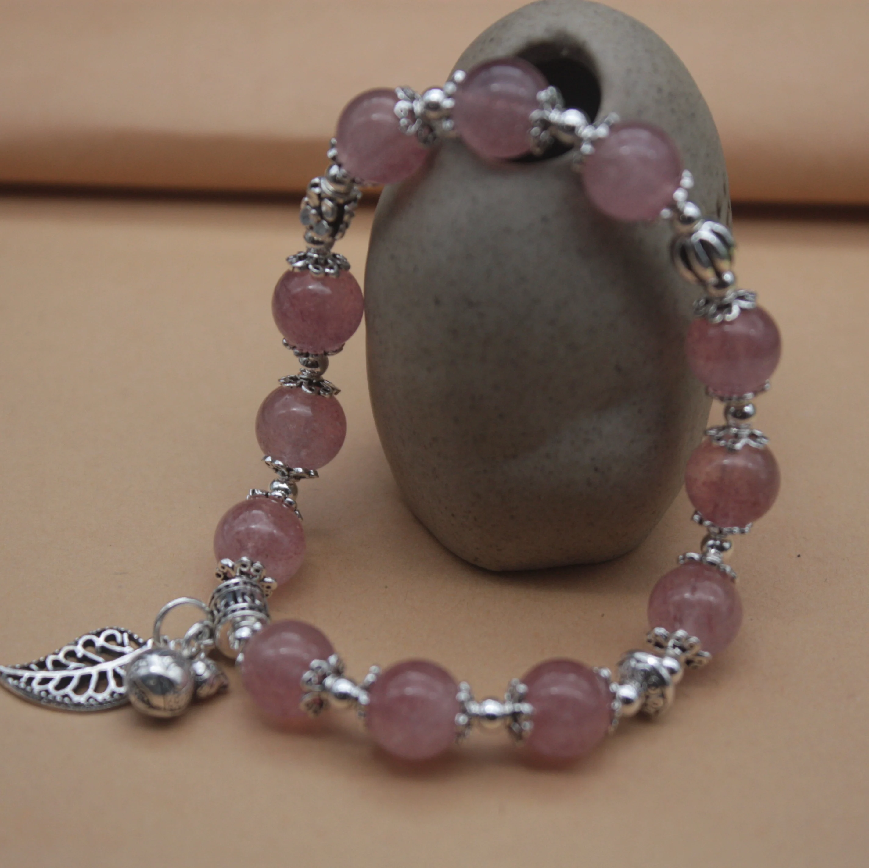 

Sterling S925 Silver Bracelet Women's Strawberry Crystal Beads 8mm Luck Leaf Bell Link Tassel 16cmL/6.3inchL Chain Bracelet