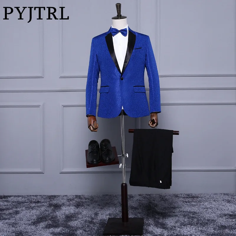 PYJTRL Королевский Синий Красный Белый Жаккардовый Мужской Классический Костюм
