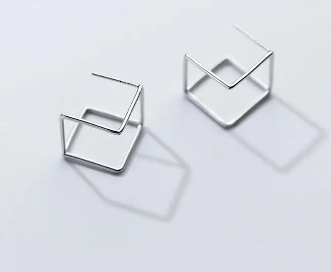 

Authentic 100% 1pair Real 100% 925 Sterling Silver fine Jewelry Open Hollow Square Geometric ear Stud Earrings Women's GTLE2401