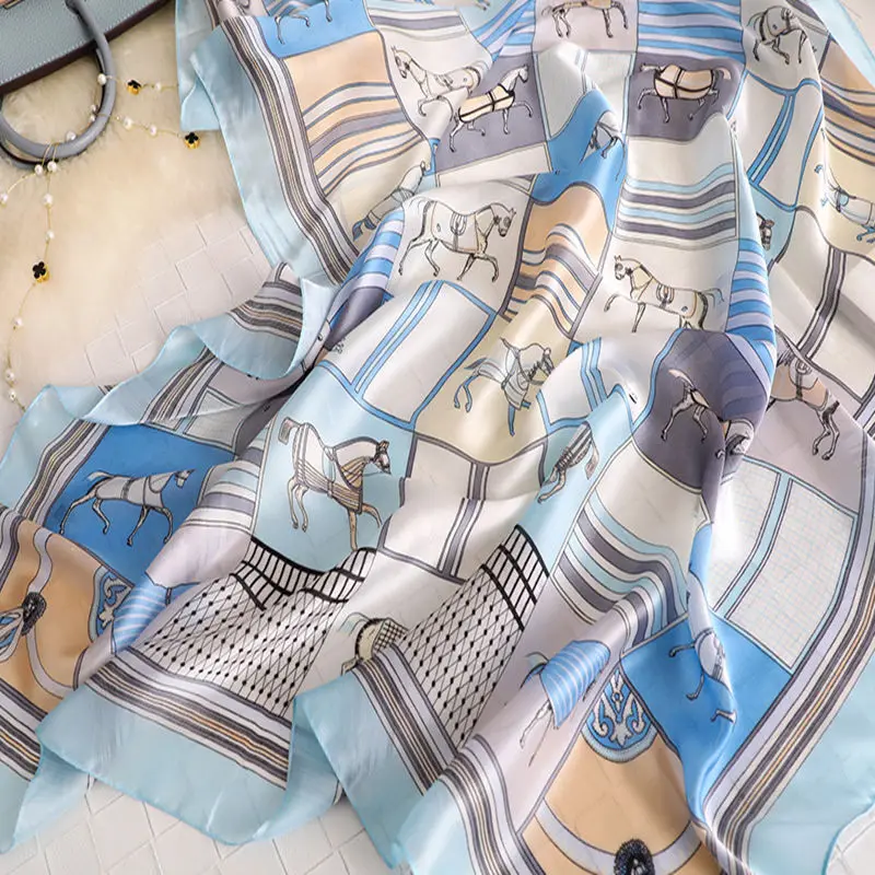 New European fashion retro versatile beach towel female silk office shawl Horse print printing sunscreen silk scarf hot sale