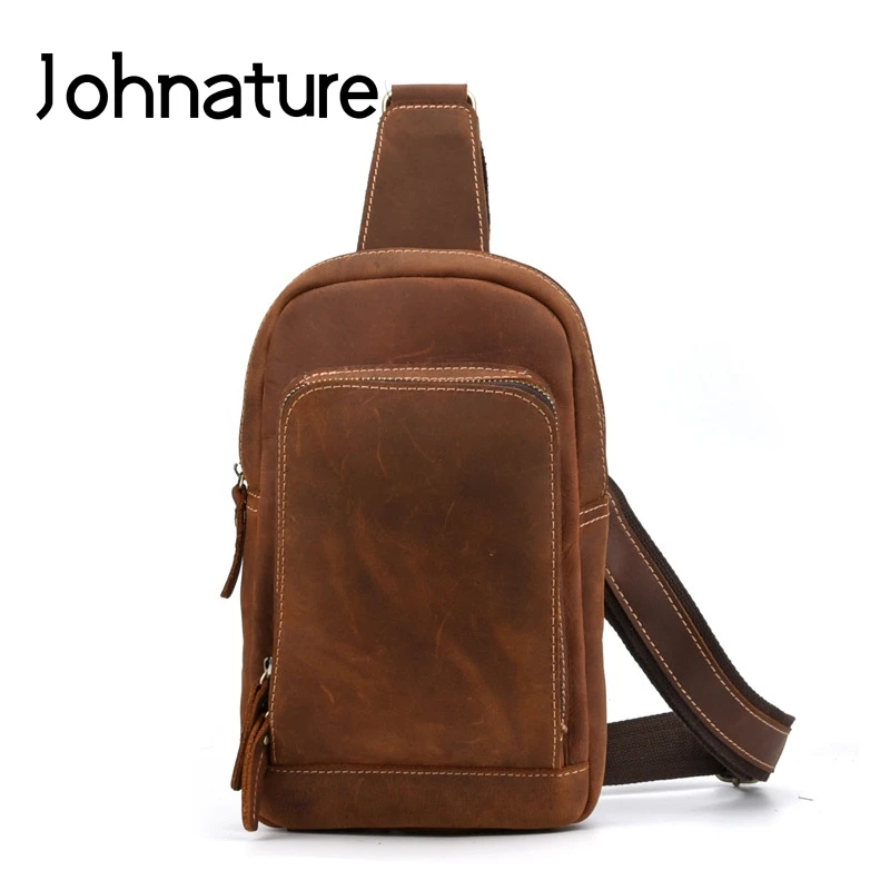 

Johnature 2021 New Retro Leisure Genuine Leather Men Chest Bags Zipper Solid Bag Cowhide Crossbody Bags Messenger Bag