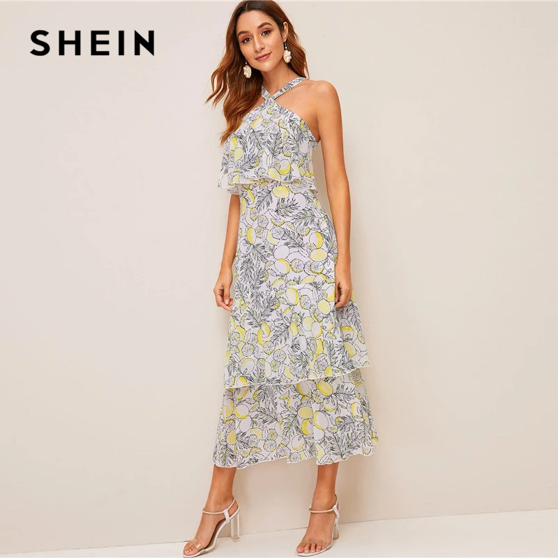 SHEIN Платье Без Рукавов С Оборкой И Халтером, Платье С Графическим Принтом, Летнее Длинное Платье С Завышенной Талией