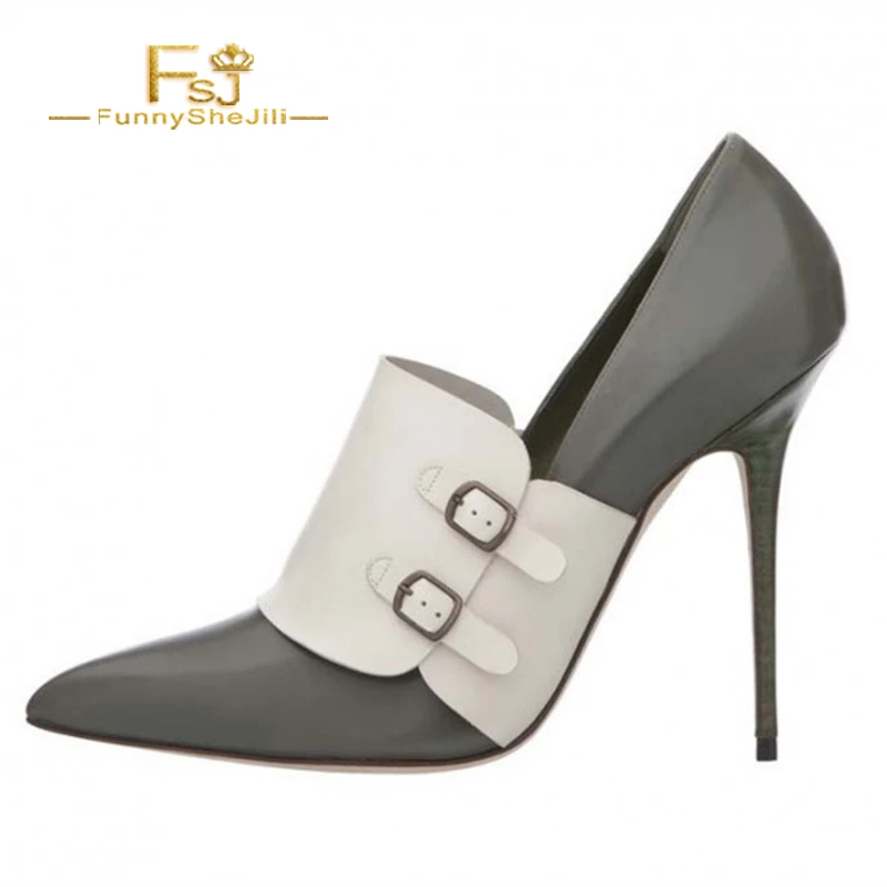 

shoes women mules pumps high heels Grey Buckle Pointy Toe Stiletto Heel Pumps Office Heels buckle strap FSJ slip on dress casual