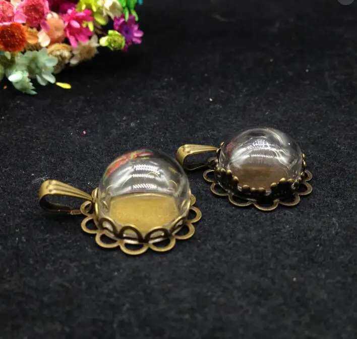 

50sets/lot15mm half round glass cover vial pendants bronze plated double lace/flower edge tray base diy jewelry finding making