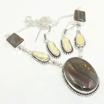 

Iron Tiger Eye & Biwa Pearls Necklace Earing Silver Overlay over Copper , 48.5 cm, N3453