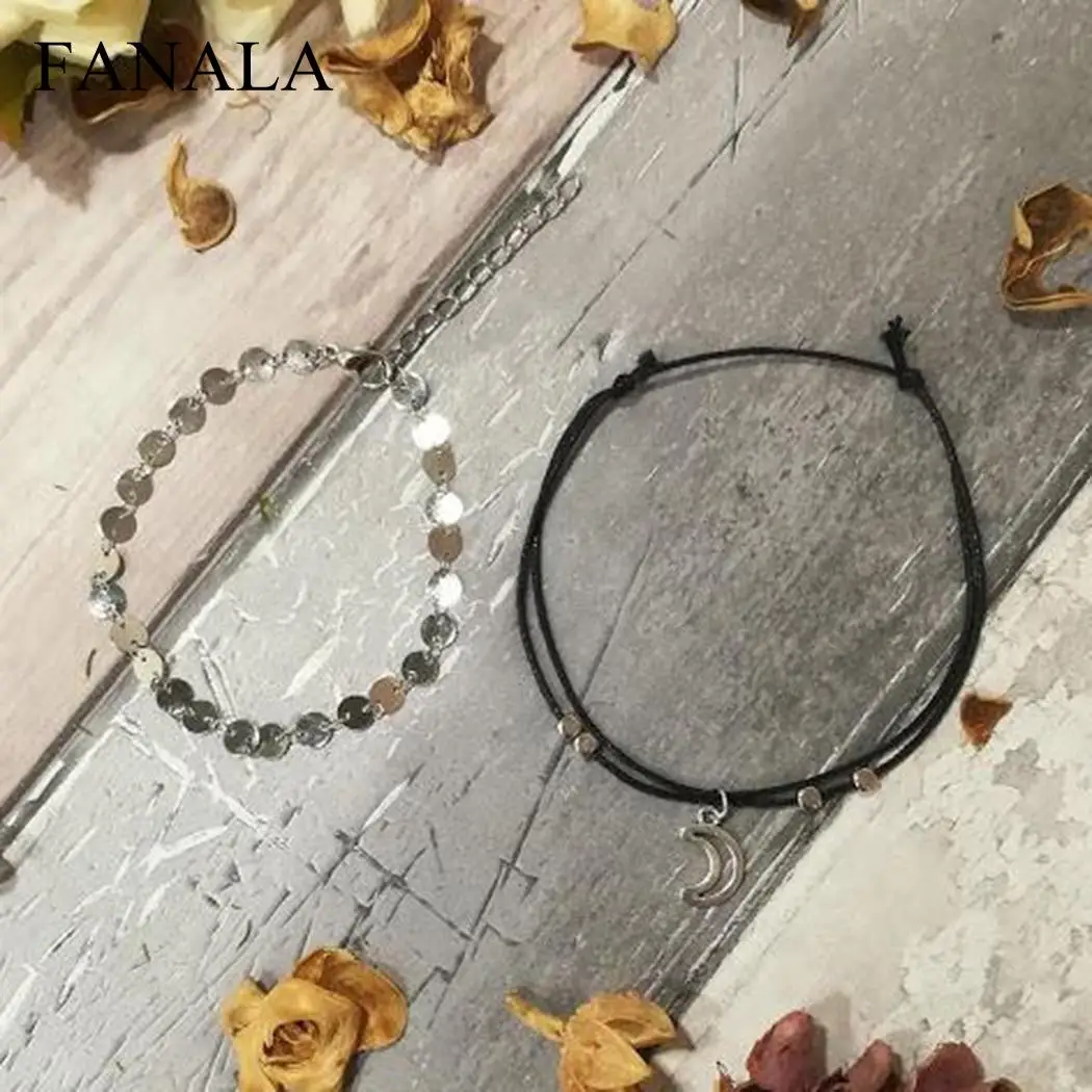 Rope бисер Слои Moon полые блестки ножной браслет кулон мода двойной Для женщин |