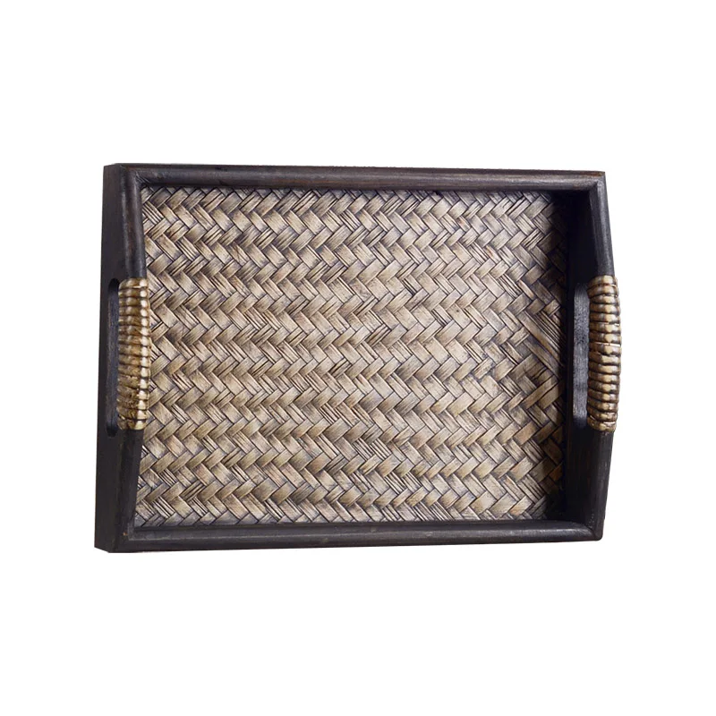 

Thai Style Wooden Serving Trays with Handle Creative Rectangle Handmade Rattan Bamboo Tea/Oil Trays Dessert/Coffee/Fruits Plate