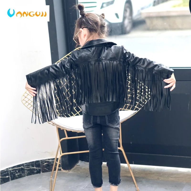 

PU jacket for Girls fashion leather 2-7 year old lapel tassel motorcycle leather jacket spring autumn low price promotion