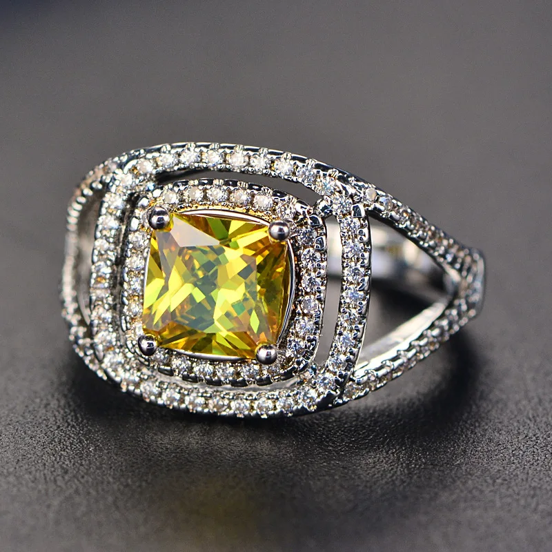 

Eleple Yellow Square Stone Rings For women Luxury jewelry AAA cubic zirconia Wedding ring White Gold color factory price VSR206