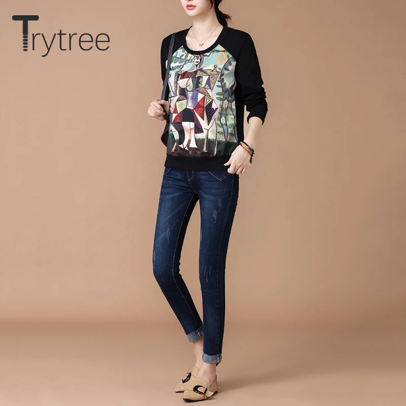 Trytree летний осенний Топ Женская футболка Повседневная хлопковая и полиэфирная