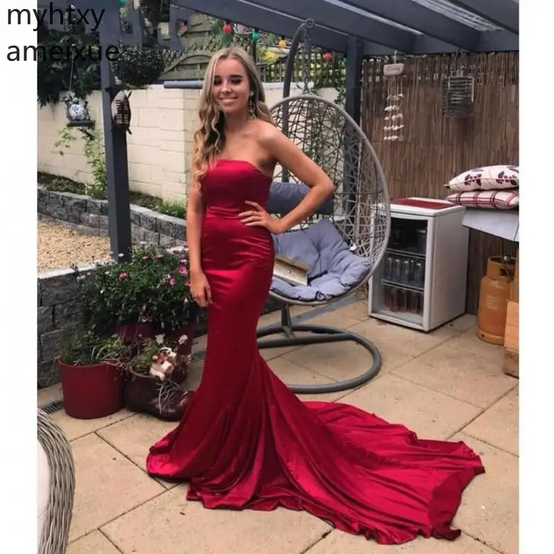 

Mermaid Red Formal Dresses Plus Size Evening Dress Straples Sleeveless Zipper Back Trumpet Silk Satin Prom Gowns Robe De Soiree