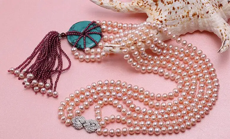 Three-Strand 6x7mm Natural pink Freshwater Pearl Necklace 26 27 28inch | Украшения и аксессуары