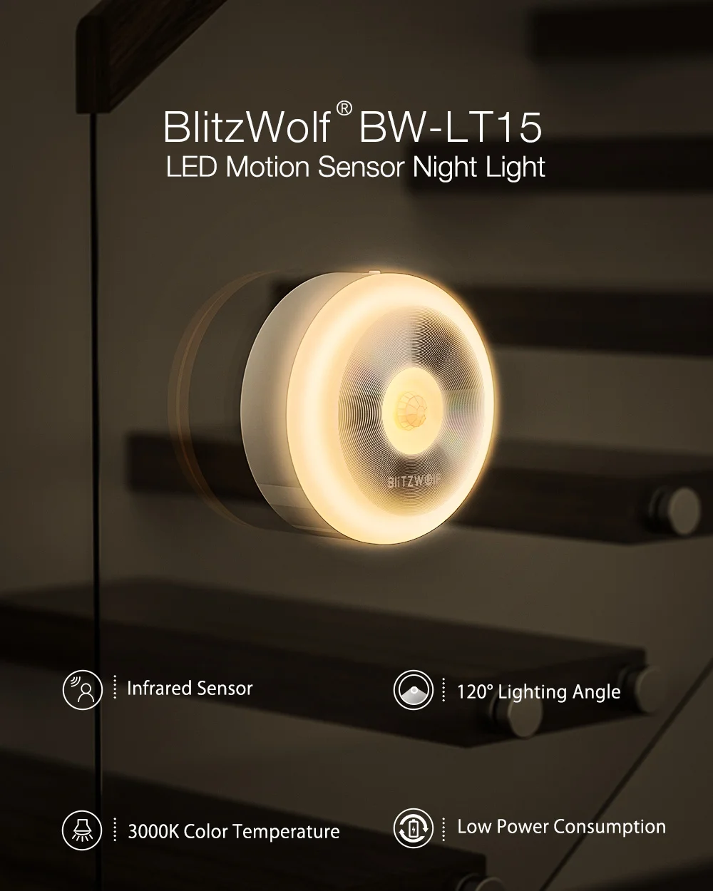 BlitzWolf BW-LT15 ночной Светильник s светодиодный движения PIR инфракрасный датчик ночной Светильник 3000K Цветовая температура 120 градусов светильник