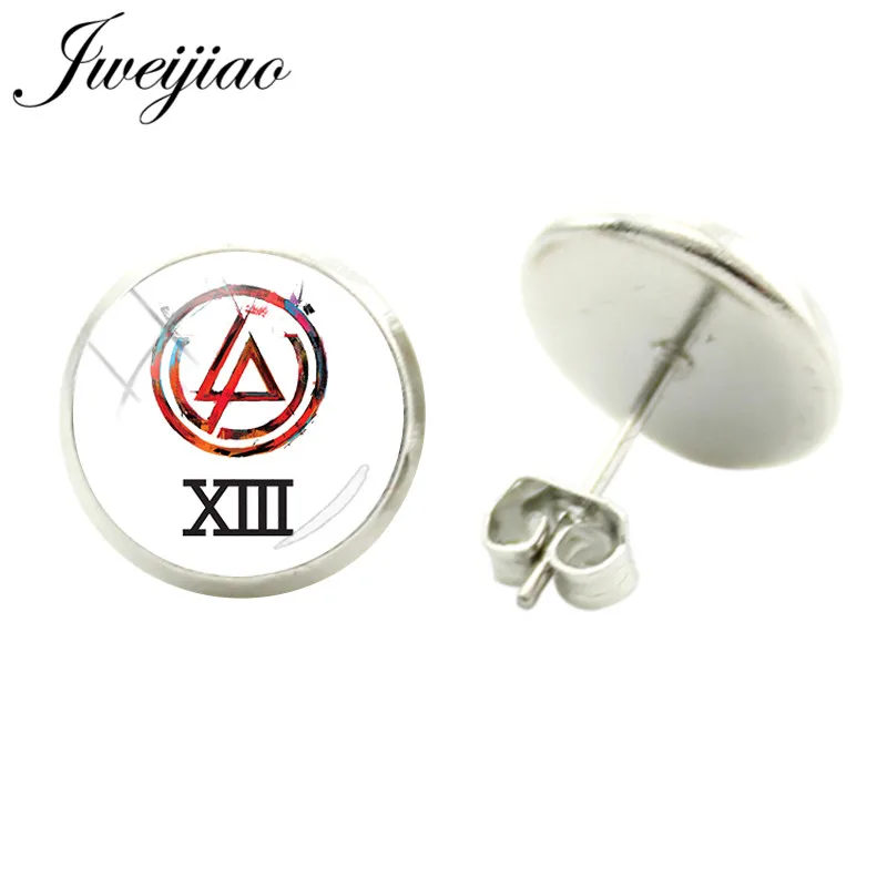 JWEIJIAO, модные серебряные серьги Linkin Park, рок-группа, знак, серьги-гвоздики, стеклянный кабошон, изображение купола, ювелирные изделия для фанатов LK23