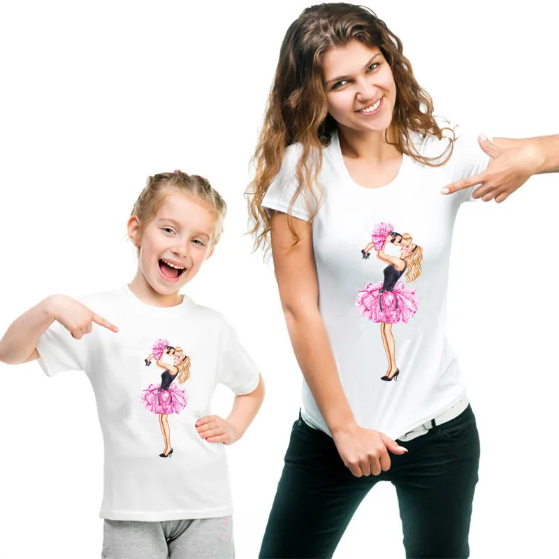 

Funny Family Matching Clothes Mum and Daughter Clothes Casual Women and Kids Summer T-shirt White Short Sleeve Family T Shirt