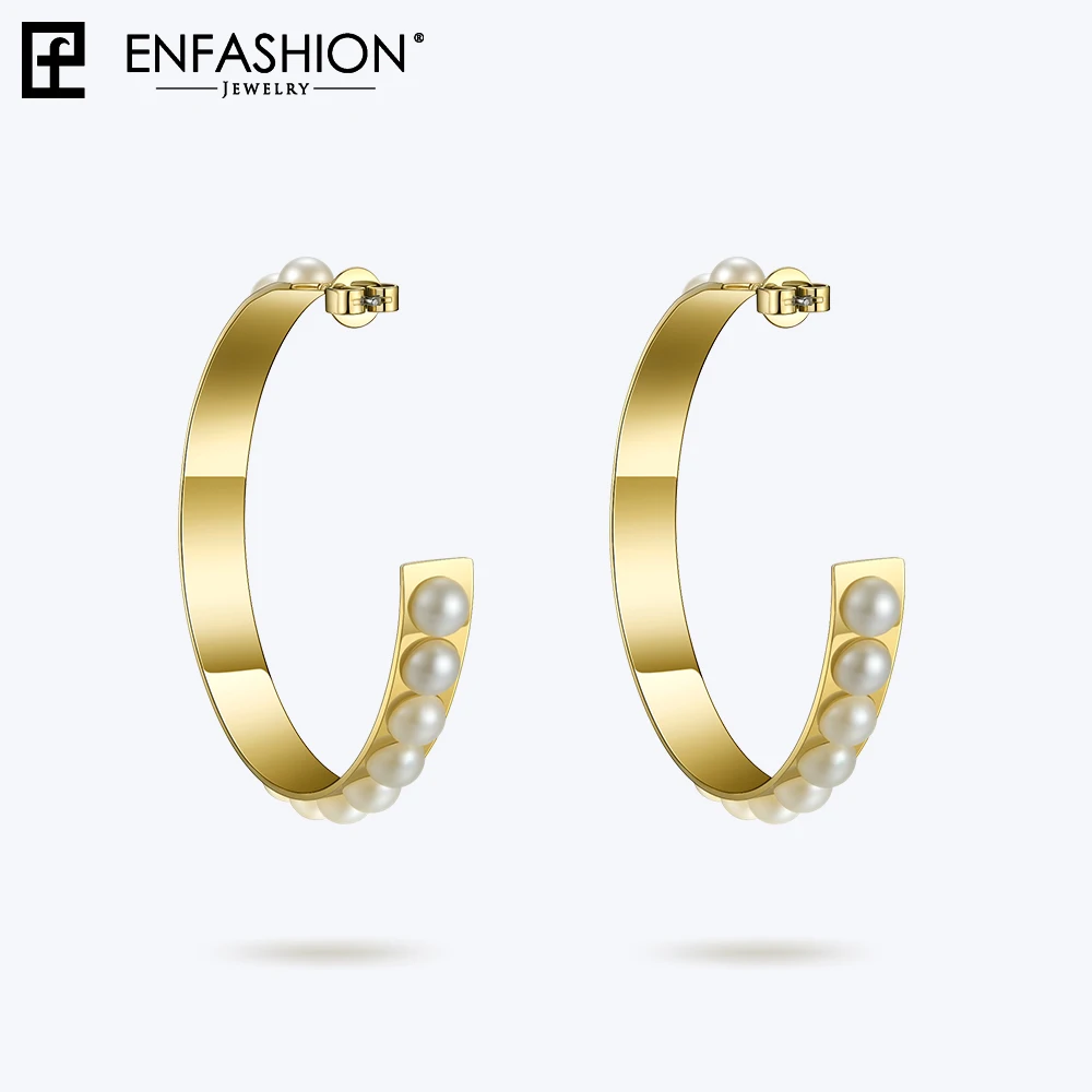 Enfashion, большие жемчужные серьги-кольца для женщин, ювелирные изделия из нержавеющей стали, круглые серьги-обручи, круглые серьги Orecchini Cerchio 181061