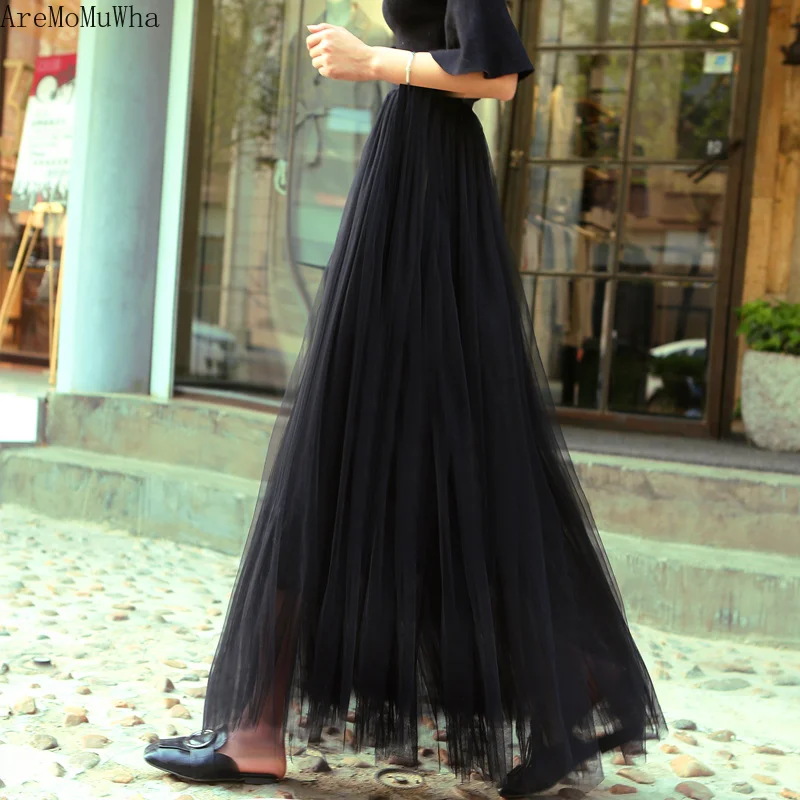 

AreMoMuWha Spring Summer New Black Mesh Skirt The Long Paragraph Female Sweet High Waist A Word Skirt Pettiskirt Long SkirtMH290