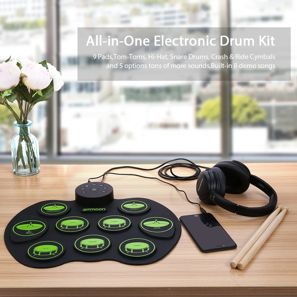 Portable Electronic Drum Set Digital Roll-Up Touch Sensitive Practice Drum Kit 2 Foot Pedals for Kids Beginners No Speakers