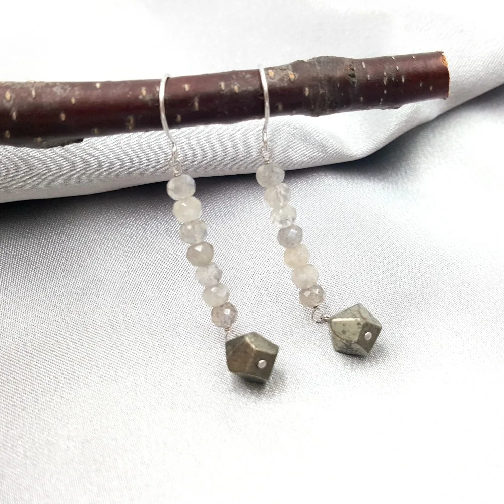 Lii Ji Natural Labradorite Faceted Beads Pyrite 925 Sterling Silver 18K Plated Drop Earrings | Украшения и аксессуары