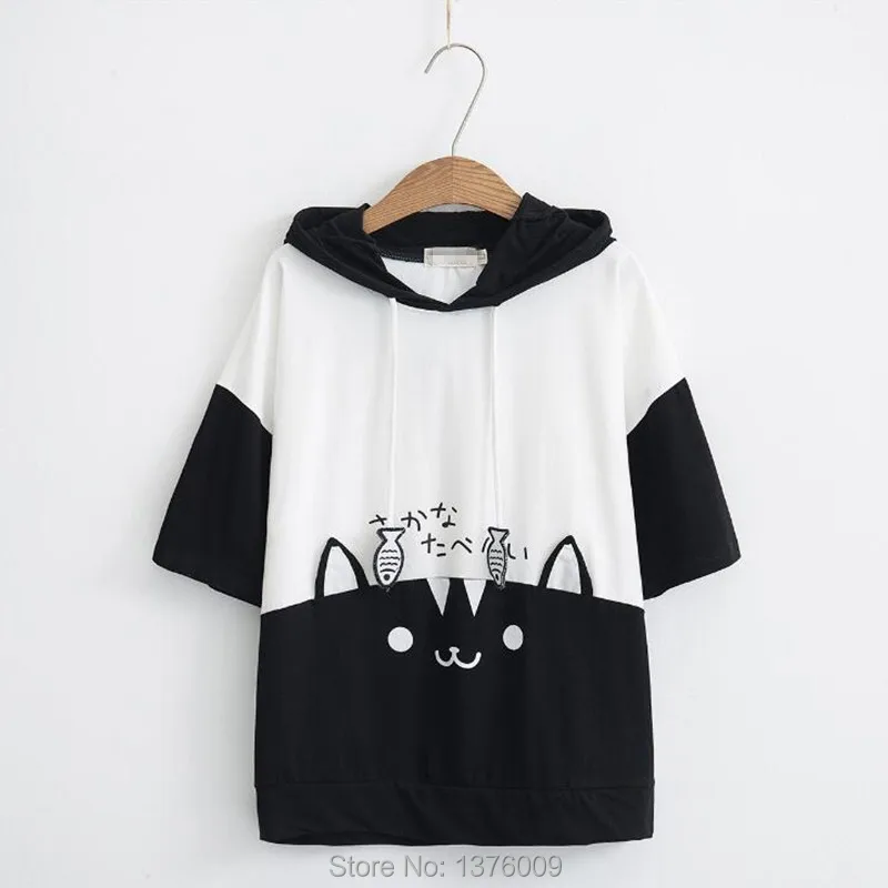 Летние рубашки в стиле Харадзюку Neko Atsume милые футболки с капюшоном кошачьими