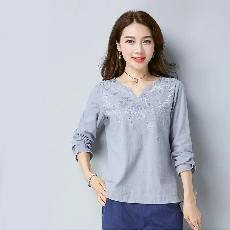 Футболка женская с длинным рукавом из хлопка и льна 2019|Футболки| |