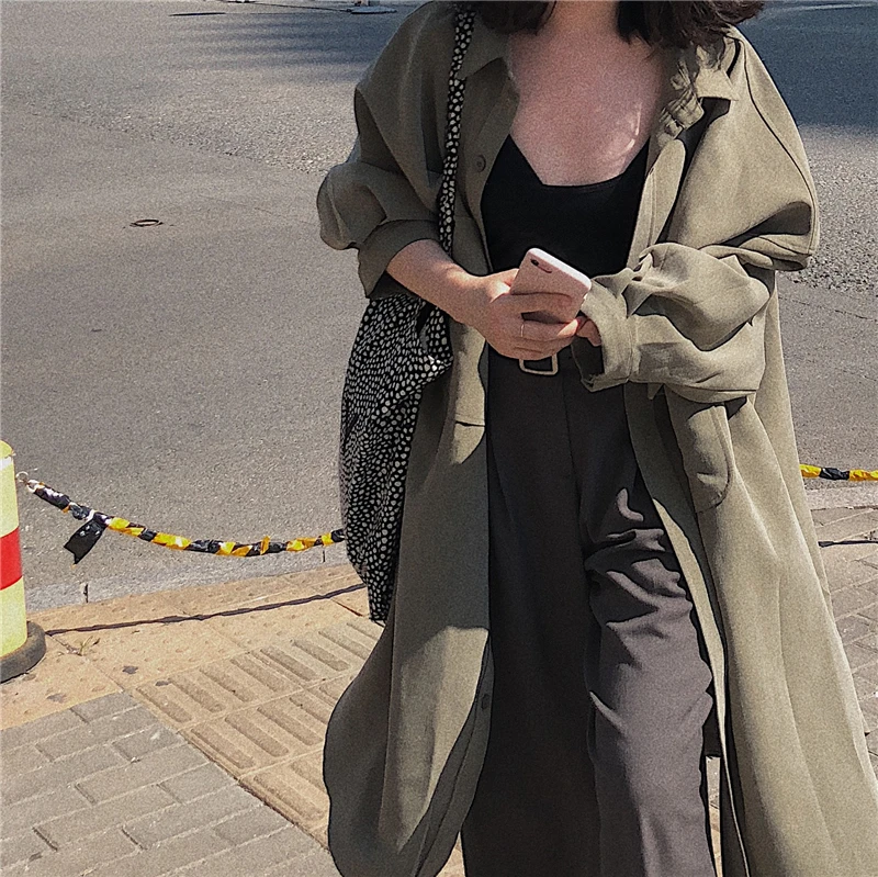 long trench coat plus size single breasted shirt solid color big pockets women coats vintage abrigo largo mujer
